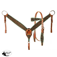 New! Showman Rawhide Laced Headstall And Breast Collar Set With Tooled Flowers Teal Accent Beads