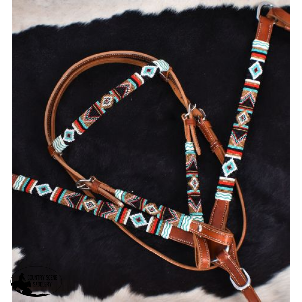 New! Showman Teal And Red Navajo Beaded Browband Headstall Breast Collar Set Horse Tack