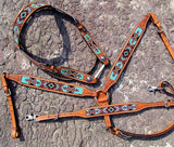 Showman® Argentina Cow Leather Headstall and breast collar set with aztec beaded inlay. - Country Scene Saddlery and Pet Supplies