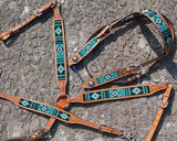 Showman® Argentina Cow Leather Headstall and breast collar set with turquoise aztec beaded inlay. - Country Scene Saddlery and Pet Supplies