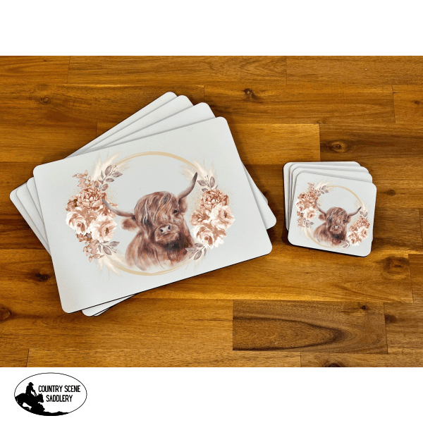 Placemat & Coaster Set Boho Wreath Highland Country Scene Saddlery