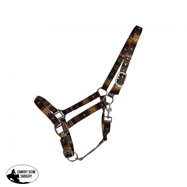 Premium Nylon Adjustable Horse Halter - Orange Aztec Print Halter