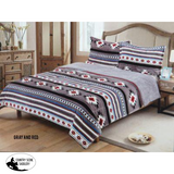 Queen Size 3 Pc Borrego Comforter Set With Southwest Design. Grey And Red