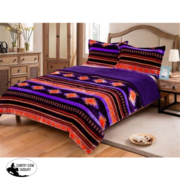 Queen Size 3 Pc Borrego Comforter Set With Southwest Design. Purple