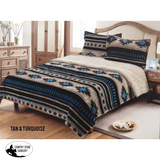 Queen Size 3 Pc Borrego Comforter Set With Southwest Design. Tan And Turquoise