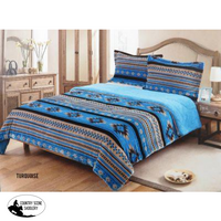 Queen Size 3 Pc Borrego Comforter Set With Southwest Design. Turquoise