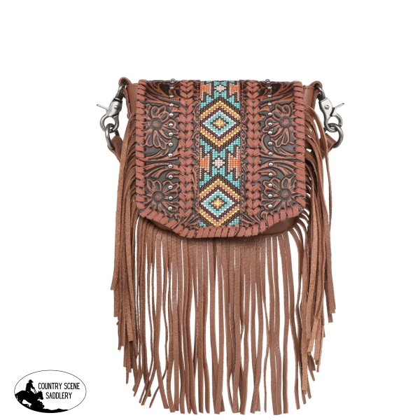 Rlcl166Br - Montana West Genuine Leather Tooled Collection Fringe Crossbody