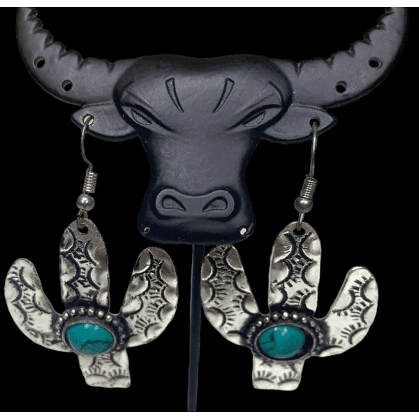 Se0056 - Pressed Metal Cactus & Turquoise Stone Earrings Necklace