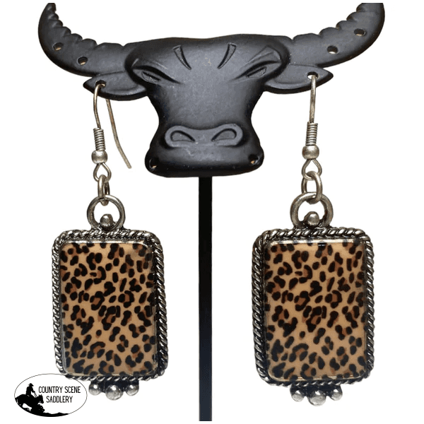 Se11756 - Western Rectangle Leopard Fishhook Earrings Necklace &