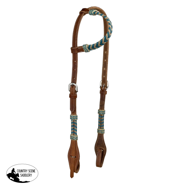 Showman Argentina Cow Leather One Ear Headstall With Teal Rawhide Accents Eared Western Bridles