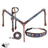 Showman Beaded Southwest Design 4 Piece Set - blue and white Full/Cob (One Size) Western Bridle