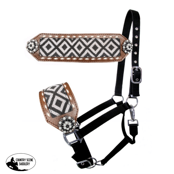 Showman Black Nylon Bronc Halter With Woven Fabric Southwest Inlay Bronc Halter