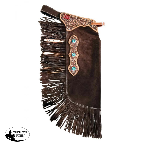 Showman Brown suede leather chinks with Micro Floral Tooling Design Chinks