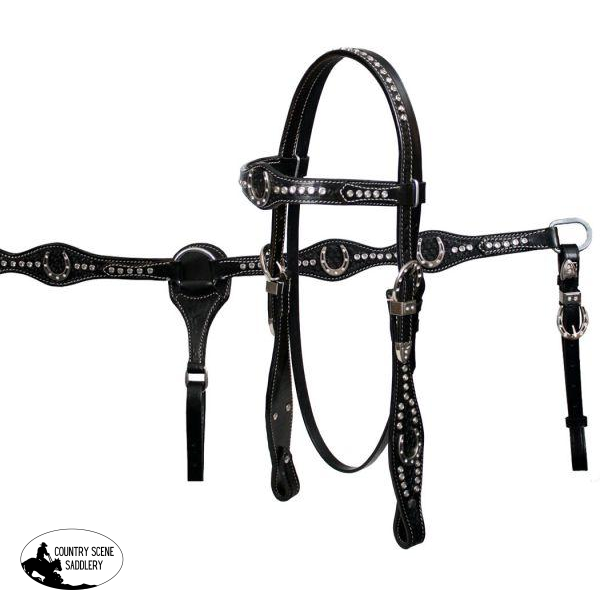 New! Showman Double Stitched Fully Tooled Leather Browband Headstall And Breast Collar Set With