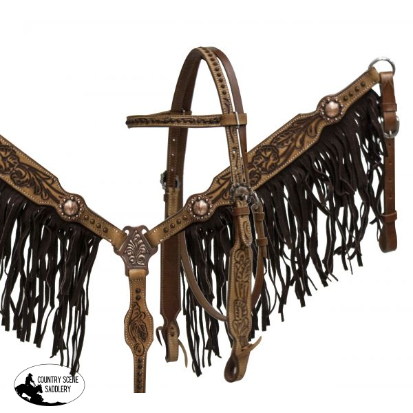 Showman Double Stitched Leather Headstall And Breast Collar Set With Brown Suede Fringe Floral