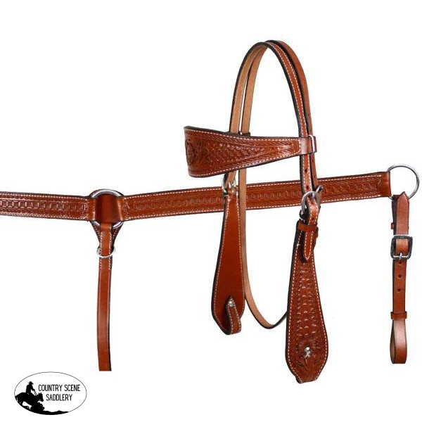New! Showman Double Stitched Leather Wide Brow Band Headstall And Breast Collar Set.