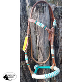 Showman Fine Quality Teal And Natural Rawhide Core Show Bosal With A Cotton Mecate Rein.
