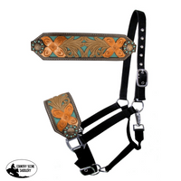 Showman Floral Tooled Nylon Bronc Halter With Teal Inlay Bronc Halter