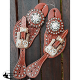 Showman™ Ladies Tooled Leather Spur Straps with Vintage Style Buckle and Crystal Rhinestone Conchos. - Country Scene Saddlery and Pet Supplies