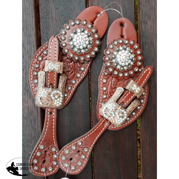 Showman Ladies Tooled Leather Spur Straps With Vintage Style Buckle And Crystal Rhinestone Conchos.