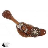 Showman Ladies Tooled Leather Spur Straps With Vintage Style Buckle And Crystal Rhinestone Conchos.