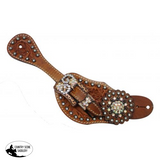 Showman™ Ladies Tooled Leather Spur Straps with Vintage Style Buckle and Crystal Rhinestone Conchos. - Country Scene Saddlery and Pet Supplies