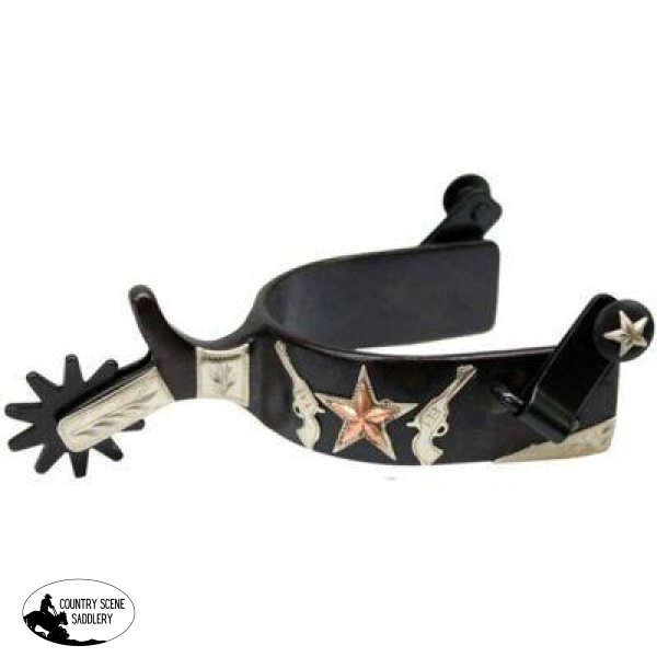 Showman Mens Size Black Steel Silver Show Spur With Copper Star And Pistol Design.