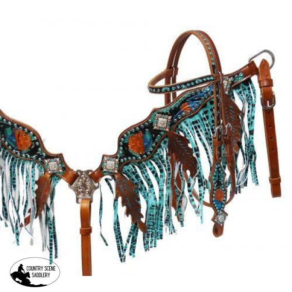 New! Showman Metallic Painted Headstall And Fringe Breast Collar Set.