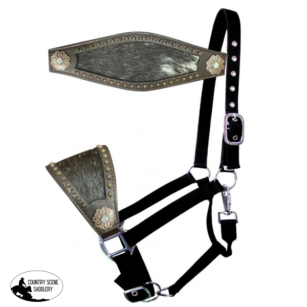 Showman Nylon Bronc Halter With Hair On Cowhide Dark Oil Leather Noseband And Flower Concho Accents