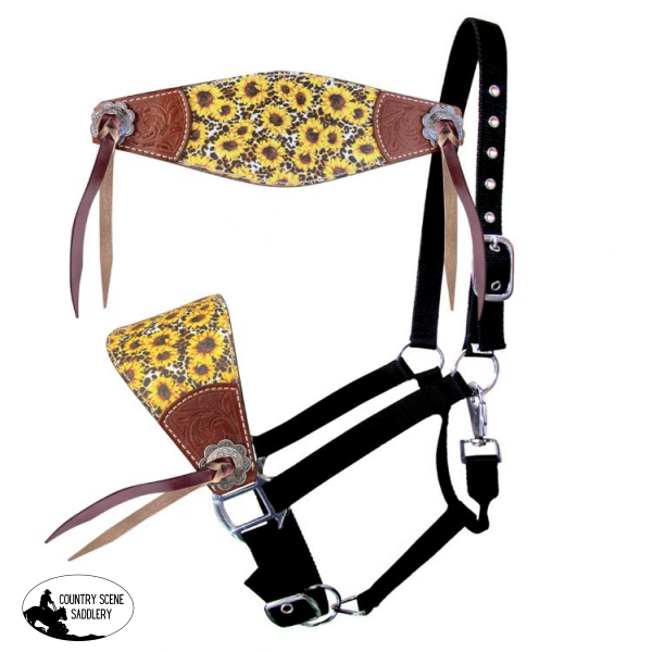 Showman Nylon Bronc Halter With Printed Sunflower And Cheetah Print Inlay Cowboy Tie Accents Nose