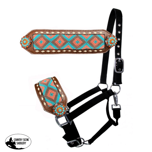 Showman Nylon Bronc Halter With Woven Fabric Southwest Inlay Bronc Halter