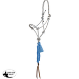 A Turquoise rope horse headstall with a blue braided hanging wrap and tassel, finished with brown leather bit ends, isolated on a white background.