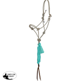 A rope halter with a braided turquoise tassel and wrapped turquoise leather section, shown against a plain white background.