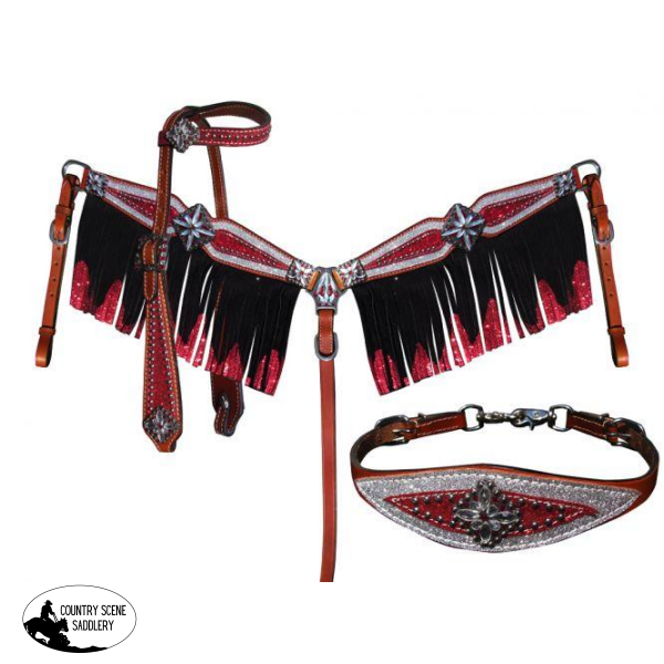 New! ~ Showman ® 4 Piece Red And Silver Glitter Overlay Single Ear Leather Headstall Breast Collar