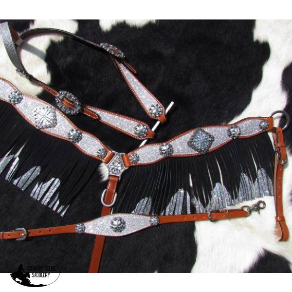 New! Showman ® 4 Piece Silver Glitter Overlay Single Ear Leather Headstall And Breast Collar Set