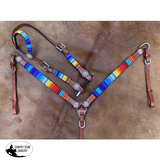 Showman ® 4pc. Red, Yellow and Blue beaded headstall and breast collar set with concho accents, comes with competition reins and matching wither strap. - Country Scene Saddlery and Pet Supplies