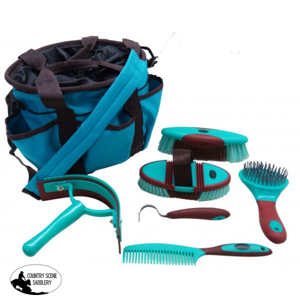 Showman ® 6 Piece Soft Grip Grooming Kit With Nylon Carrying Bag. Teal Grooming