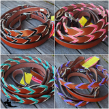 Showman ® 8ft leather braided rein with colored lacing. - Country Scene Saddlery and Pet Supplies