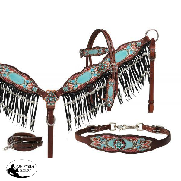 New! Showman ® Antique Inspired Print Overlay Headstall Breast Collar And Wither Strap Set With
