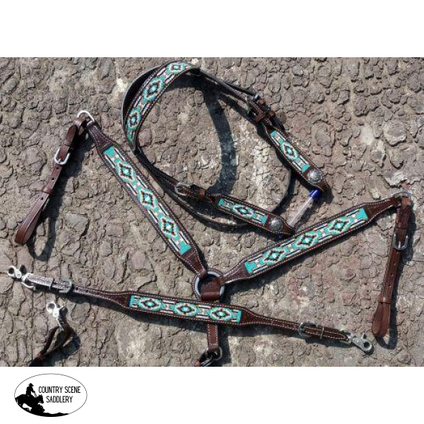 New! Showman® Argentina Cow Leather 3 Piece Headstall And Breast Collar Set With Navajo Beaded