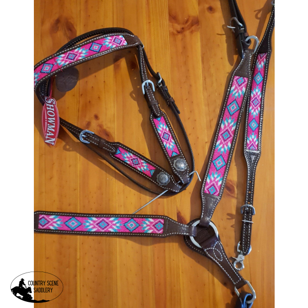 New! Showman® Argentina Cow Leather 3 Piece Headstall And Breast Collar Set With Navajo Beaded