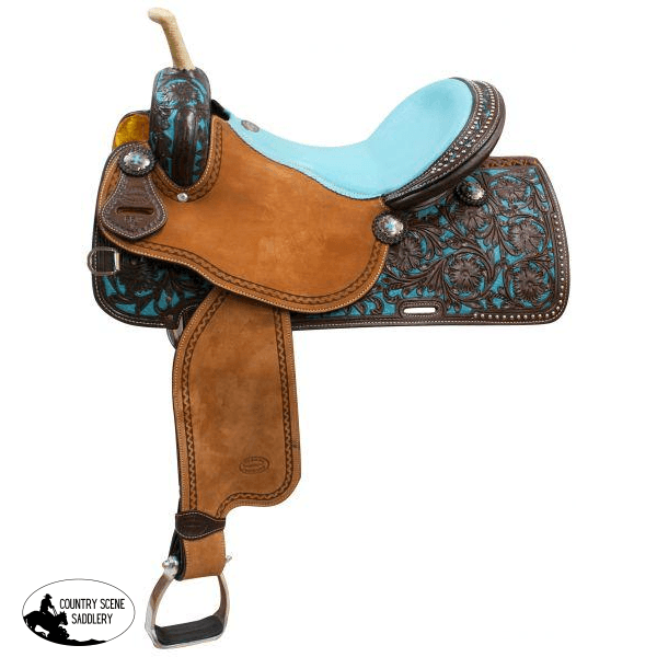 New! Showman ® Argentina Cow Leather Barrel Saddle Teal Painted Tooling ~ Posted*