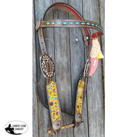 Showman ® Argentina Cow Leather Brow Band Headstall With Hand Painted Sunflowers.