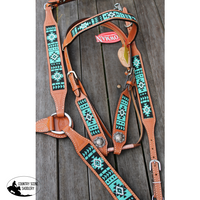 Showman® Argentina Cow Leather Headstall And Breast Collar Set With Turquoise Aztec Beaded Inlay.