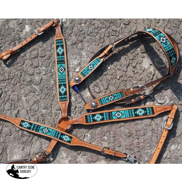 New! Showman® Argentina Cow Leather Headstall And Breast Collar Set With Turquoise Aztec Beaded