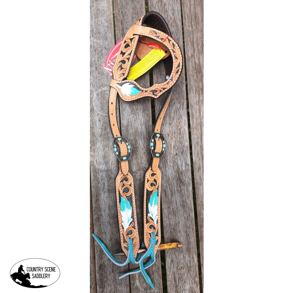 Showman ® Argentina Cow Leather Single Ear Headstall With Hand Painted Feather Design.