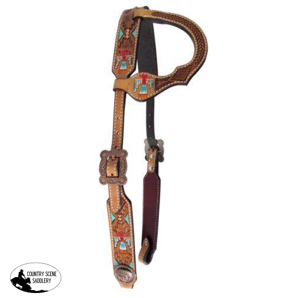 New! Showman ® Argentina Cow Leather Single Ear Headstall With Hand Painted Thunderbird Design.