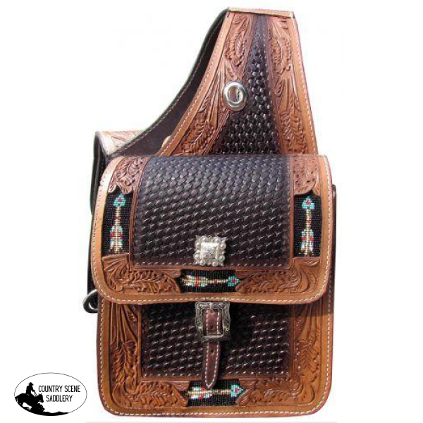 New! Showman ® Basketweave And Leaf Tooled Leather Saddle Bag.