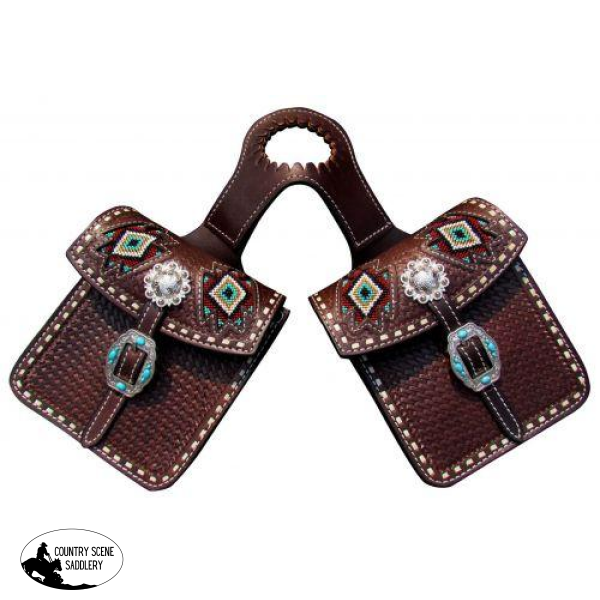 New! Showman ® Basketweave Tooled Leather Horn Bag With Beaded Inlay.