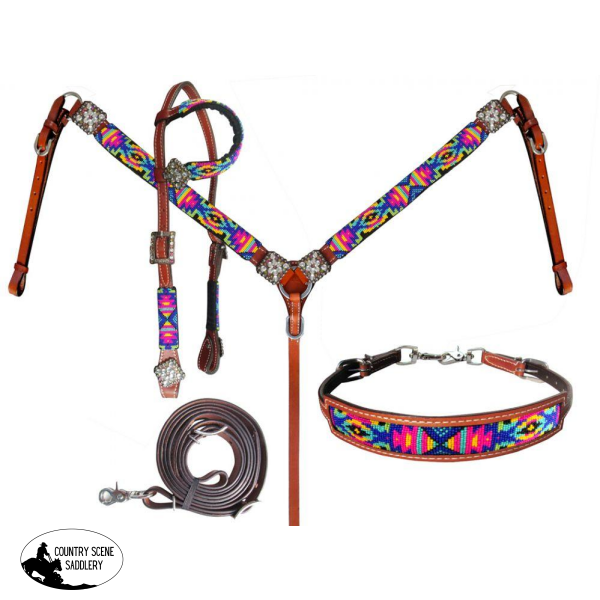 New! Showman ® Beaded Bright Colored Tribal Headstall And Breastcollar.